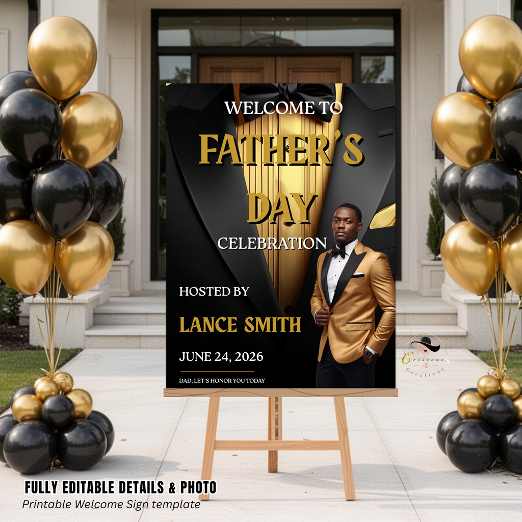 Fathers Day Welcome Sign with Photo, Tuxedo Theme Dad Party Poster Sign, Brunch Dinner Drinks Celebration, Editable Canva Printable Template