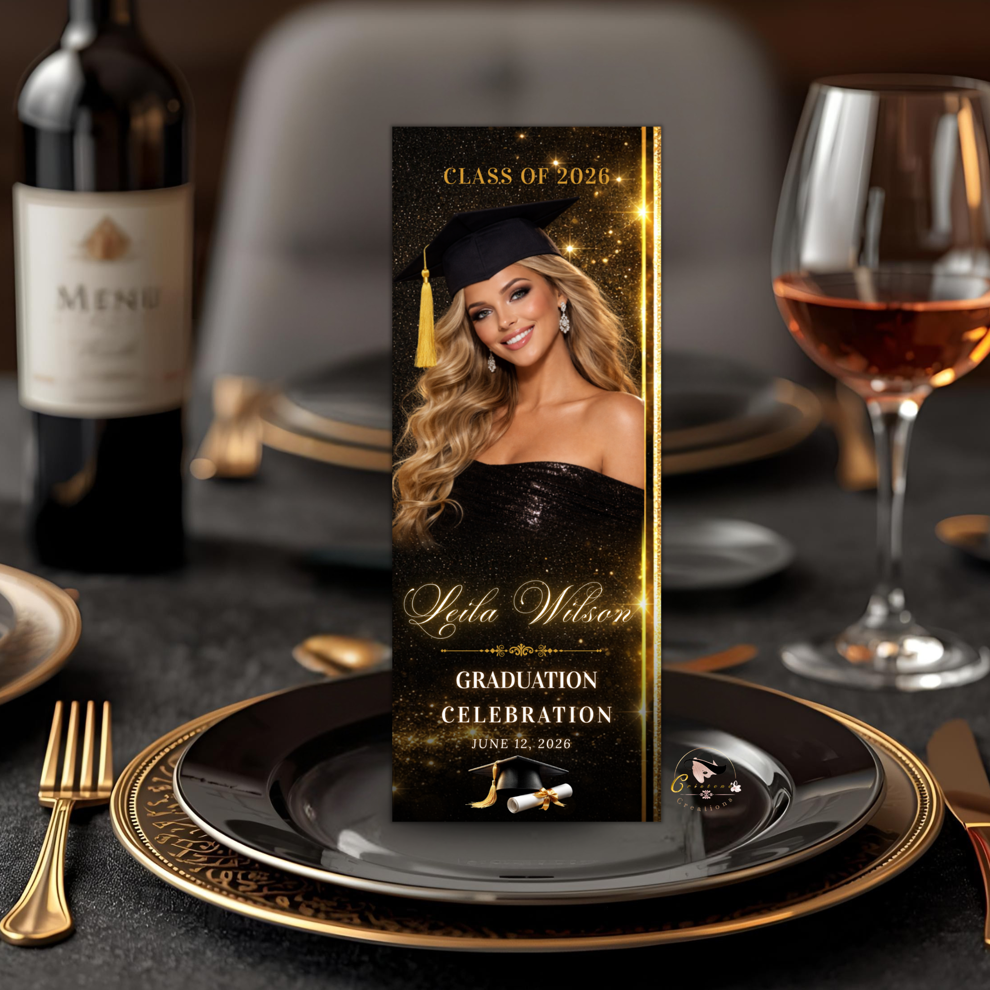 Black Gold Graduation Menu with Photo, Class of 2026 Menu Card, Elegant Grad Dinner Menu Template, Boy Girl Menu, Editable Canva Printable