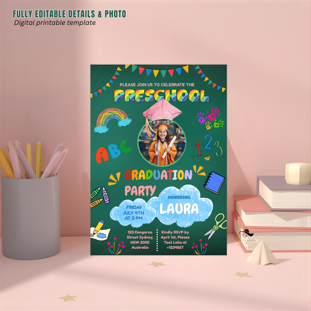 Pre K Graduation Invite with Photo, Preschool Grad Invitation, Kindergarten Class of 2026 Kids Party Invite, Canva Printable Template