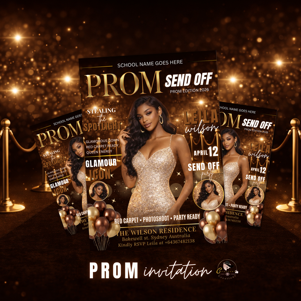 Brown Gold Prom Send Off Party Invitation, Prom Queen with photo invite, Girls Prom Night Flyer, Magazine Cover, Digital Printable Template