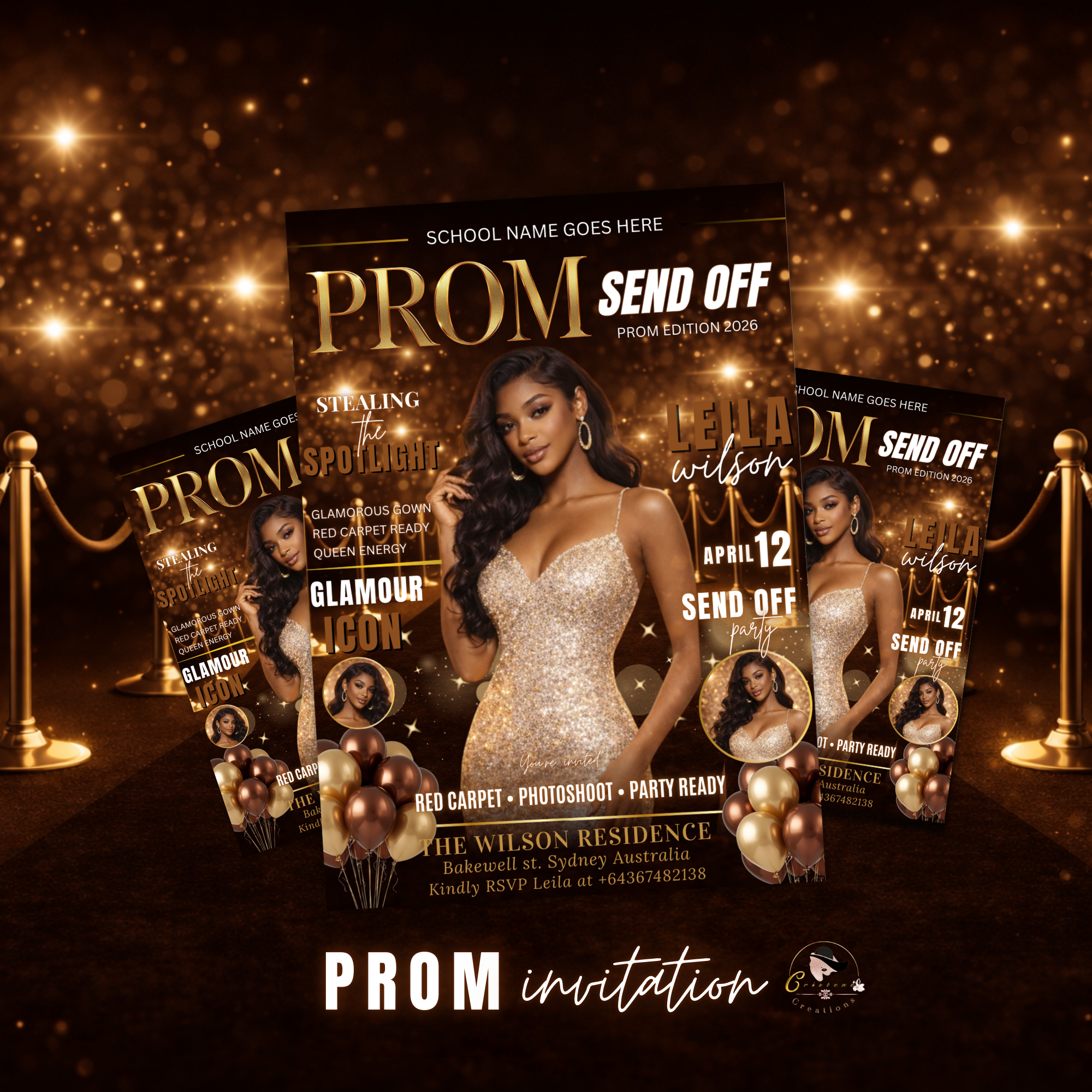 Brown Gold Prom Send Off Party Invitation, Prom Queen with photo invite, Girls Prom Night Flyer, Magazine Cover, Digital Printable Template