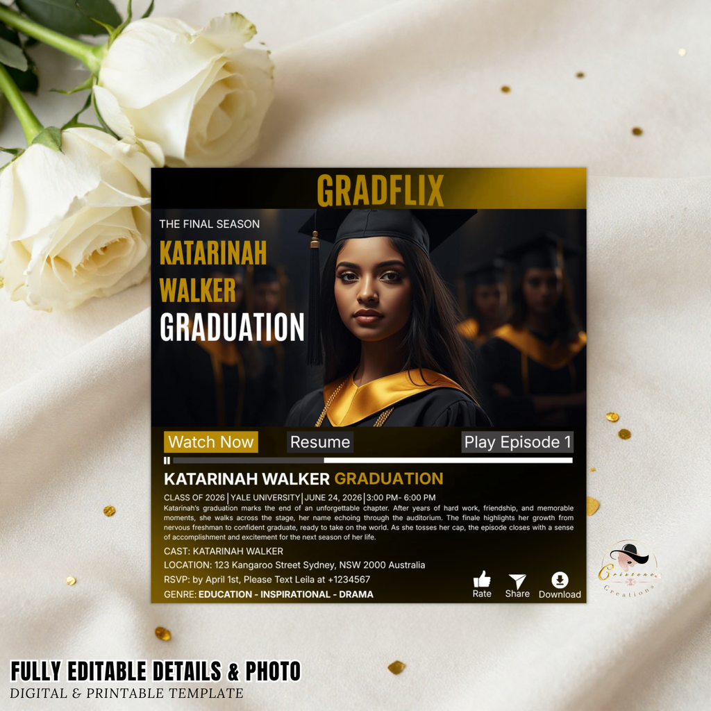 Movie Theme Graduation Invitation with Photo for Him and Her, Black Gold Streaming High School College Grad Party Invite, Printable Template