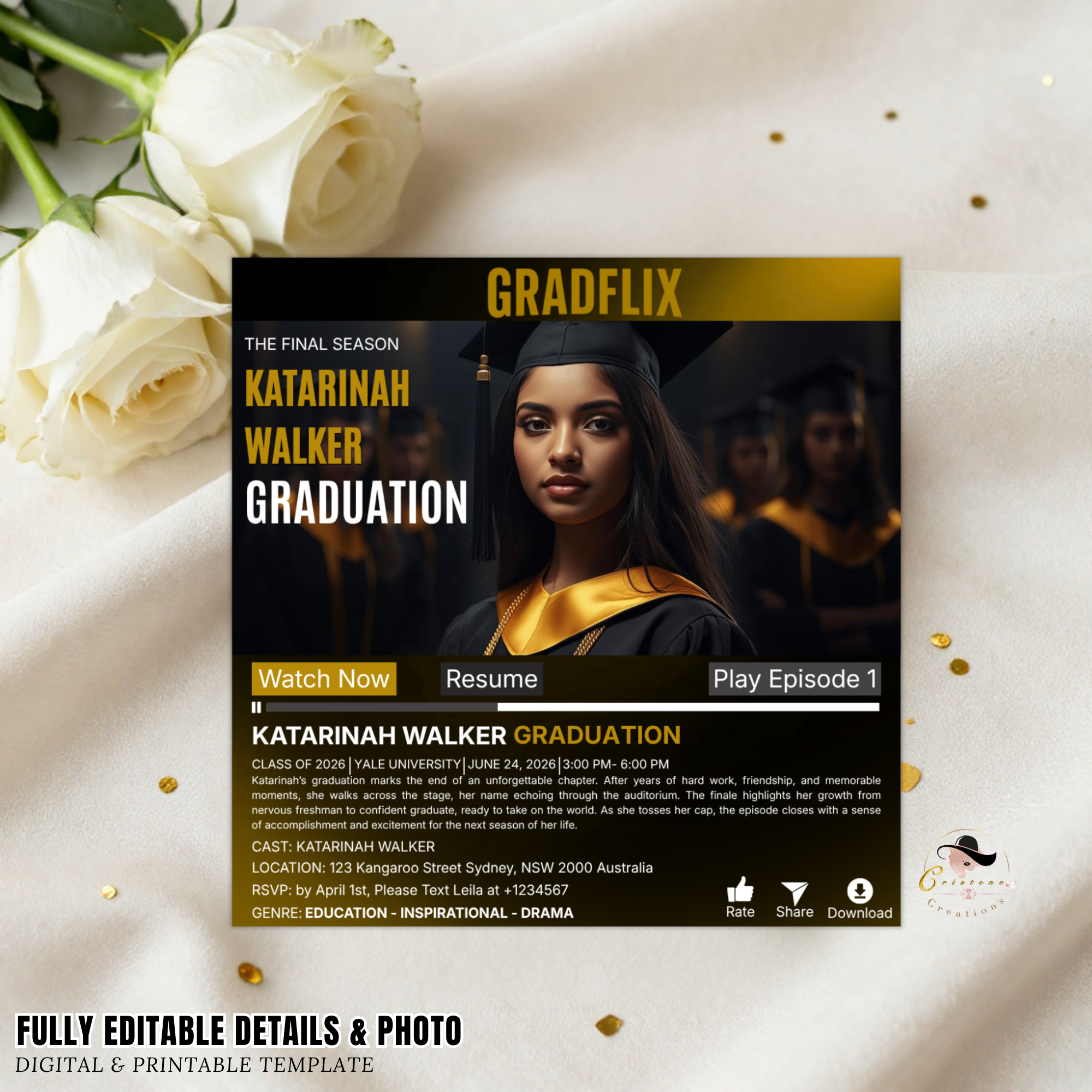Movie Theme Graduation Invitation with Photo for Him and Her, Black Gold Streaming High School College Grad Party Invite, Printable Template