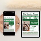 Newspaper Family Reunion Invitation with Photo, Family Gathering Party Celebration Invite, Green Printable Editable Canva Template