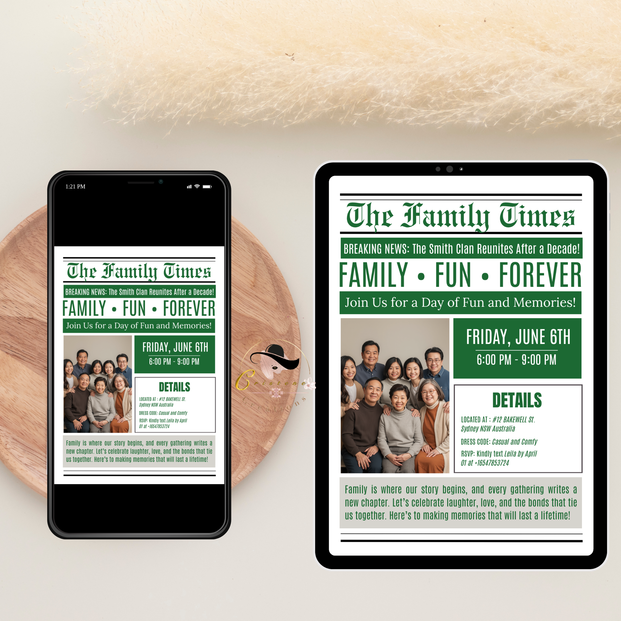 Newspaper Family Reunion Invitation with Photo, Family Gathering Party Celebration Invite, Green Printable Editable Canva Template
