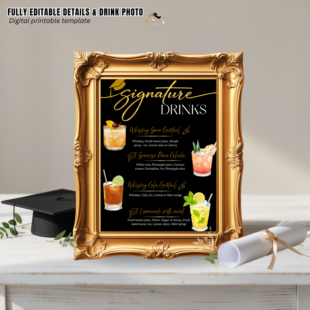 Graduation Signature Drink Sign, Grad Drink Menu Template, Class of 2026 Bar Menu, Black Gold Printable Party Sign