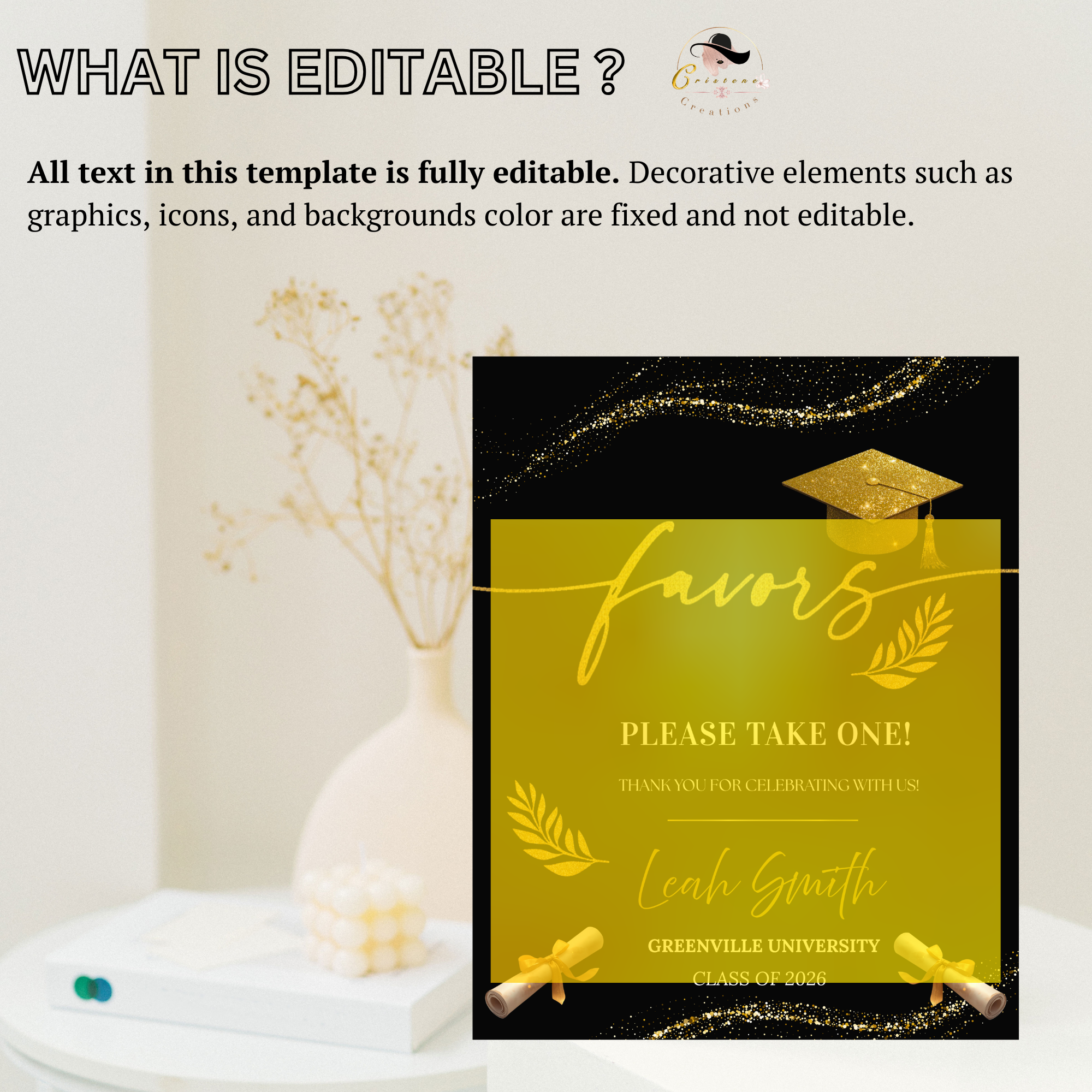 Graduation Favor Sign Template, Black Gold Grad Table Sign, Class of 2026 Party Favors Sign, High School Party Sign, Digital Printable Canva