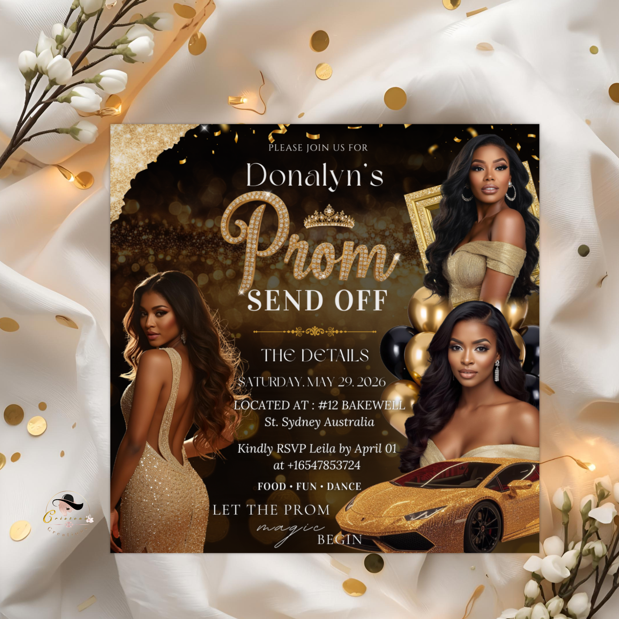 Black Gold Prom Send Off Party Invitation, Prom Queen with photo invite, Woman Prom Night Flyer, Elegant Prom, Digital Printable Template