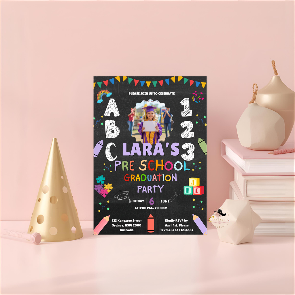 Kindergarten Graduation Invitation with Photo, Pre K Grad Invite, Class of 2026 Kids Graduation Party, Preschool Editable Canva Template