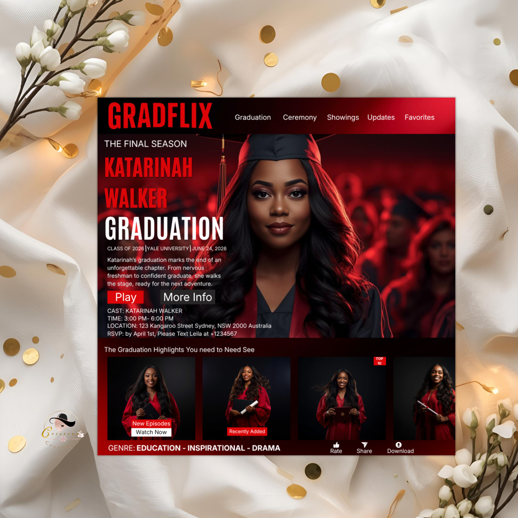 Graduation Invitation with Photo Movie Theme, Red Streaming Style Grad Party Invite, Class of 2026 Flyer, Editable Canva Printable Template