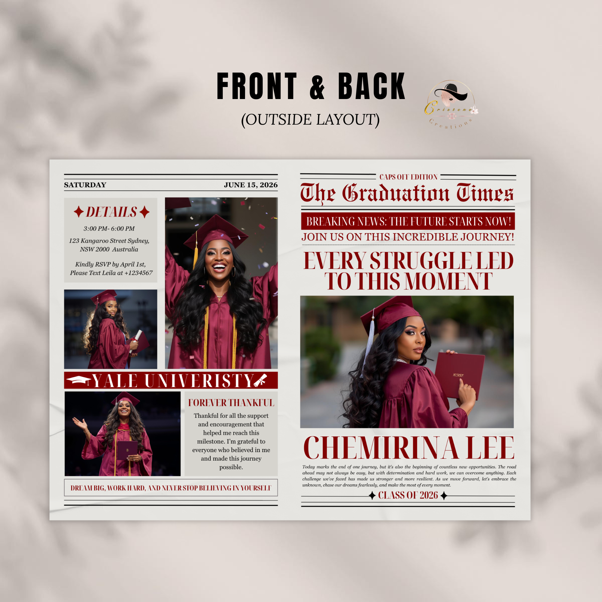 Graduation Newspaper Template with Photo, Class of 2026 Grad Announcement for Him and Her, Maroon Red Editable Canva Printable Invitation
