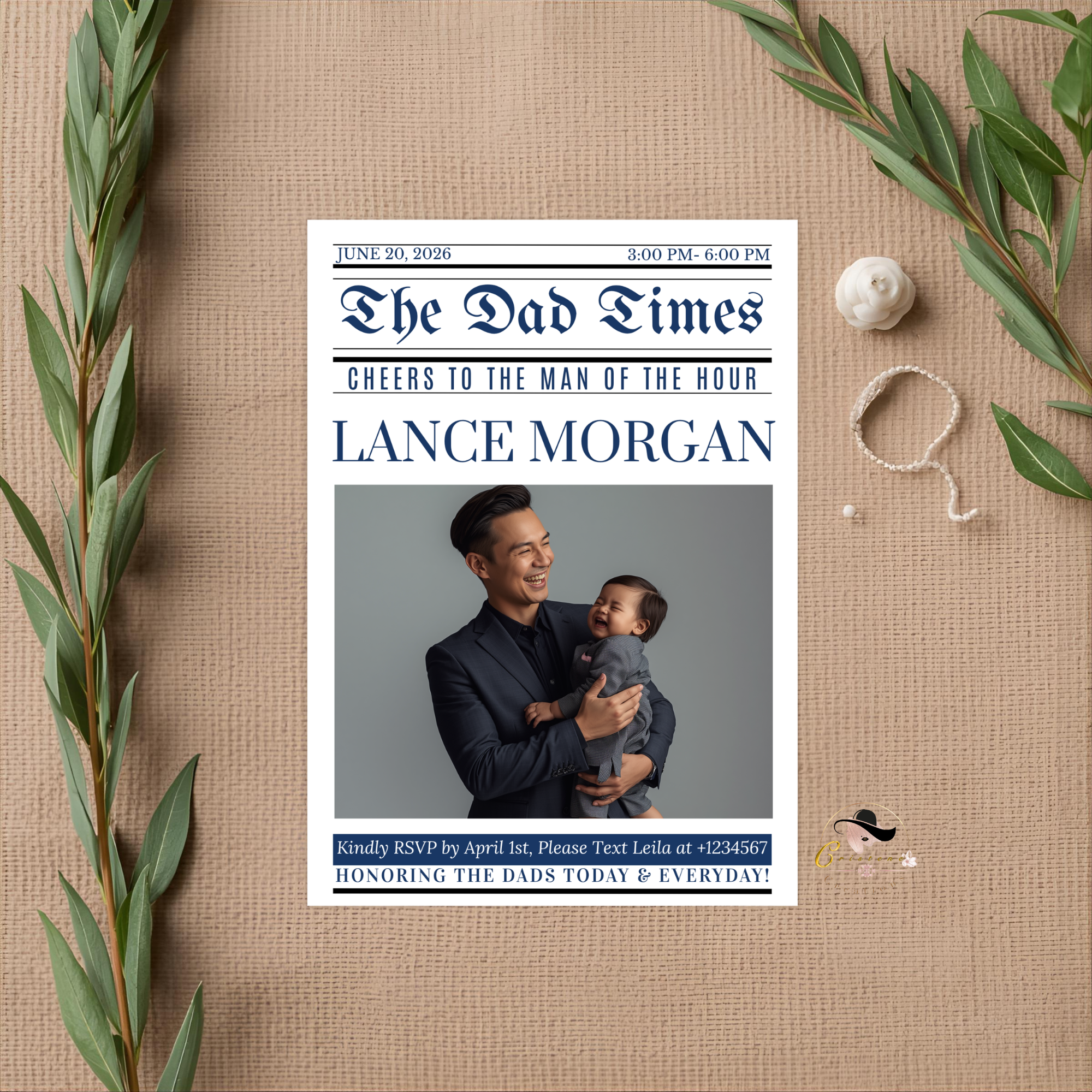 Newspaper Fathers Day Invitation with Photo, Dad Party Invite, Brunch or Dinner Invite, Editable Canva Template, Printable Celebration Card