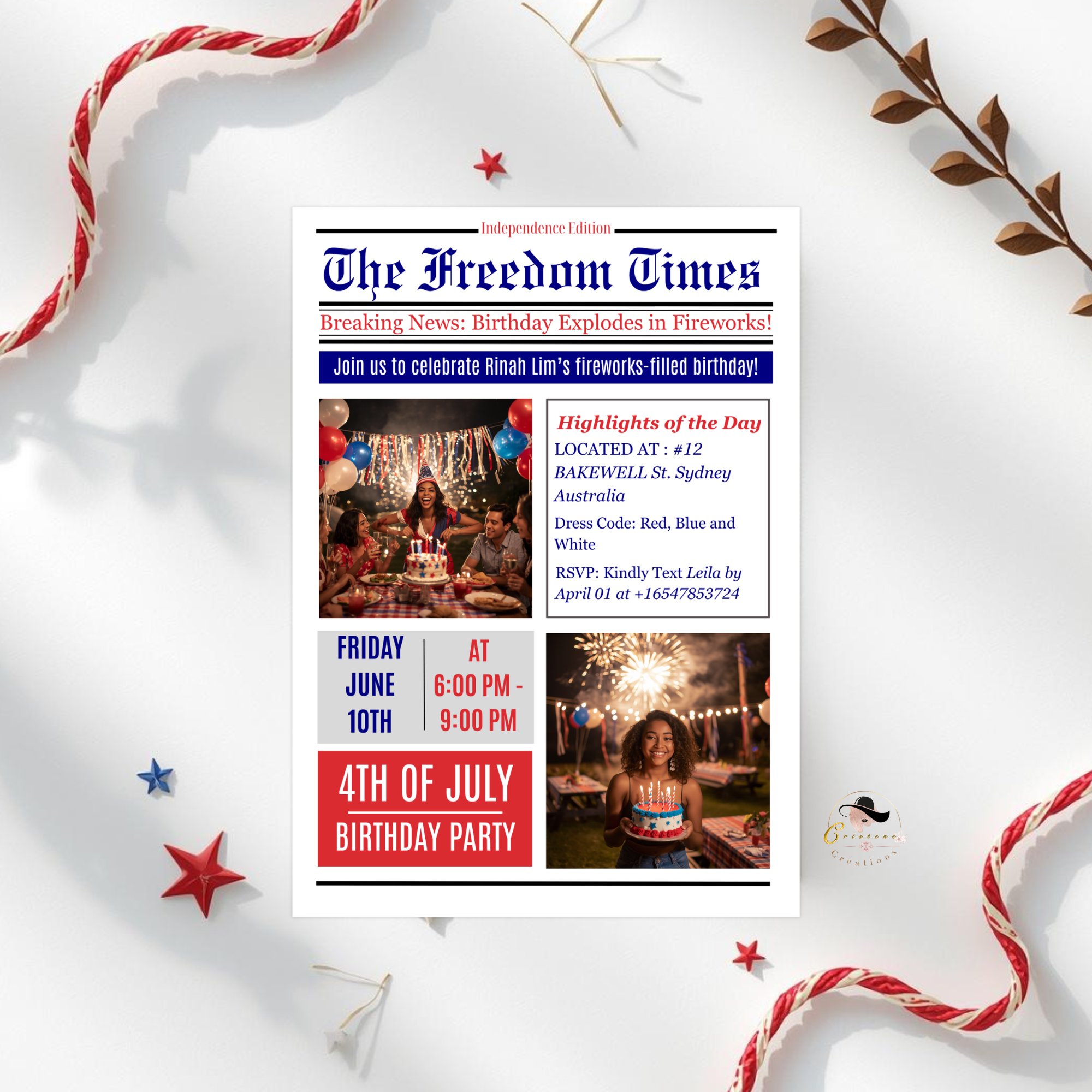 Newspaper 4th of July Birthday Invitation with Photo, Patriotic BBQ Cookout Party Invite, Dinner Brunch Invite, Printable Digital Template
