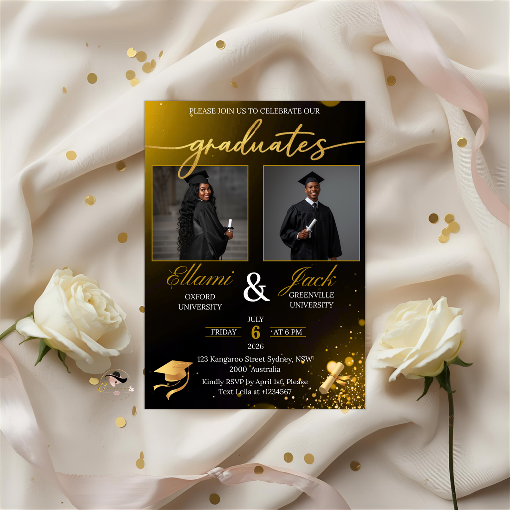 Twin Graduation Invitation with Photo, Double Senior Grad Party Invite For Him and Her Class of 2026 Graduates Black Gold Printable Template