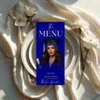 Blue Graduation Menu with Photo, High School College Grad Dinner Menu Class of 2026, Girl Boy Graduates Menu Card, Editable Canva Template