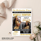 Black gold Newspaper Nurse Graduation Invitation, RN Pinning Ceremony with photo invite, Girl LPN Nursing Graduates, Boy BSN Flyer Template