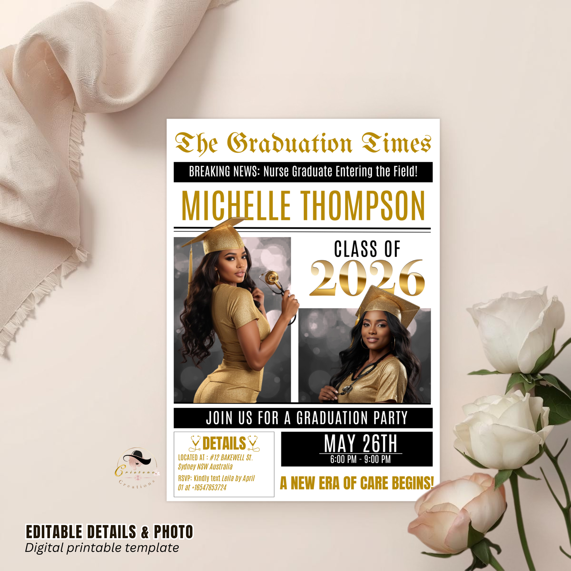 Black gold Newspaper Nurse Graduation Invitation, RN Pinning Ceremony with photo invite, Girl LPN Nursing Graduates, Boy BSN Flyer Template