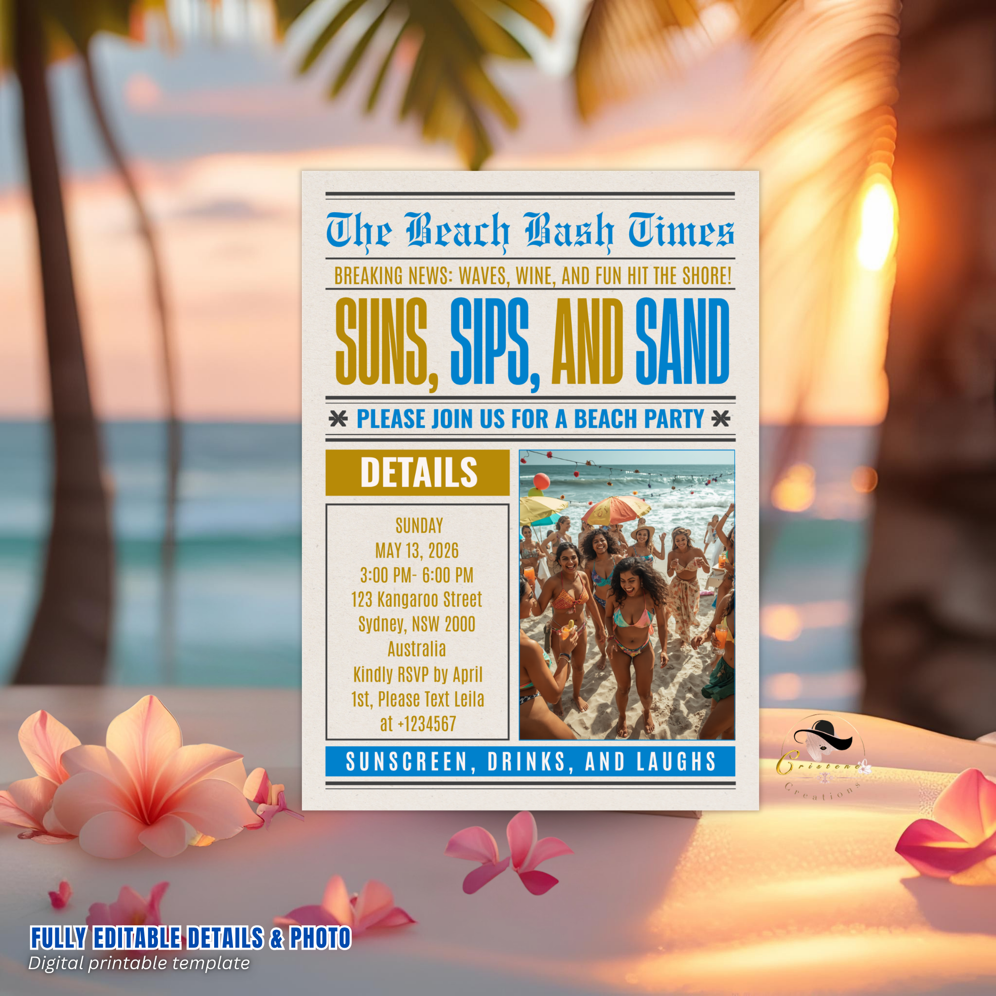 Beach Birthday Party Invitation with Photo, Tropical Summer Celebration Invite, Aloha Luau Invite, Printable Editable Canva Template