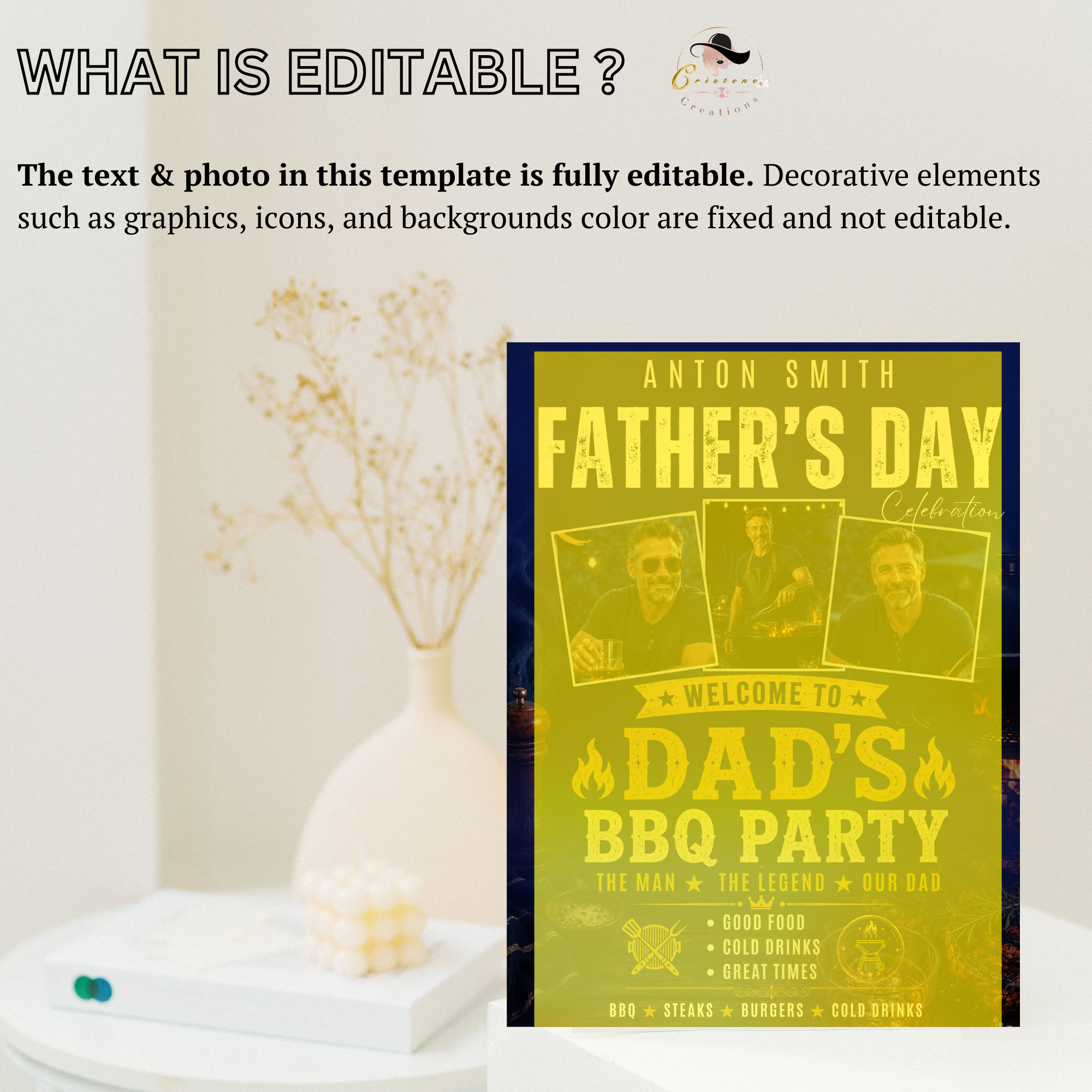 Dad BBQ Party Welcome Sign with Photo, Father’s Day Cookout Poster Sign, Summer Backyard Grill Party Sign, Blue Printable Canva Template