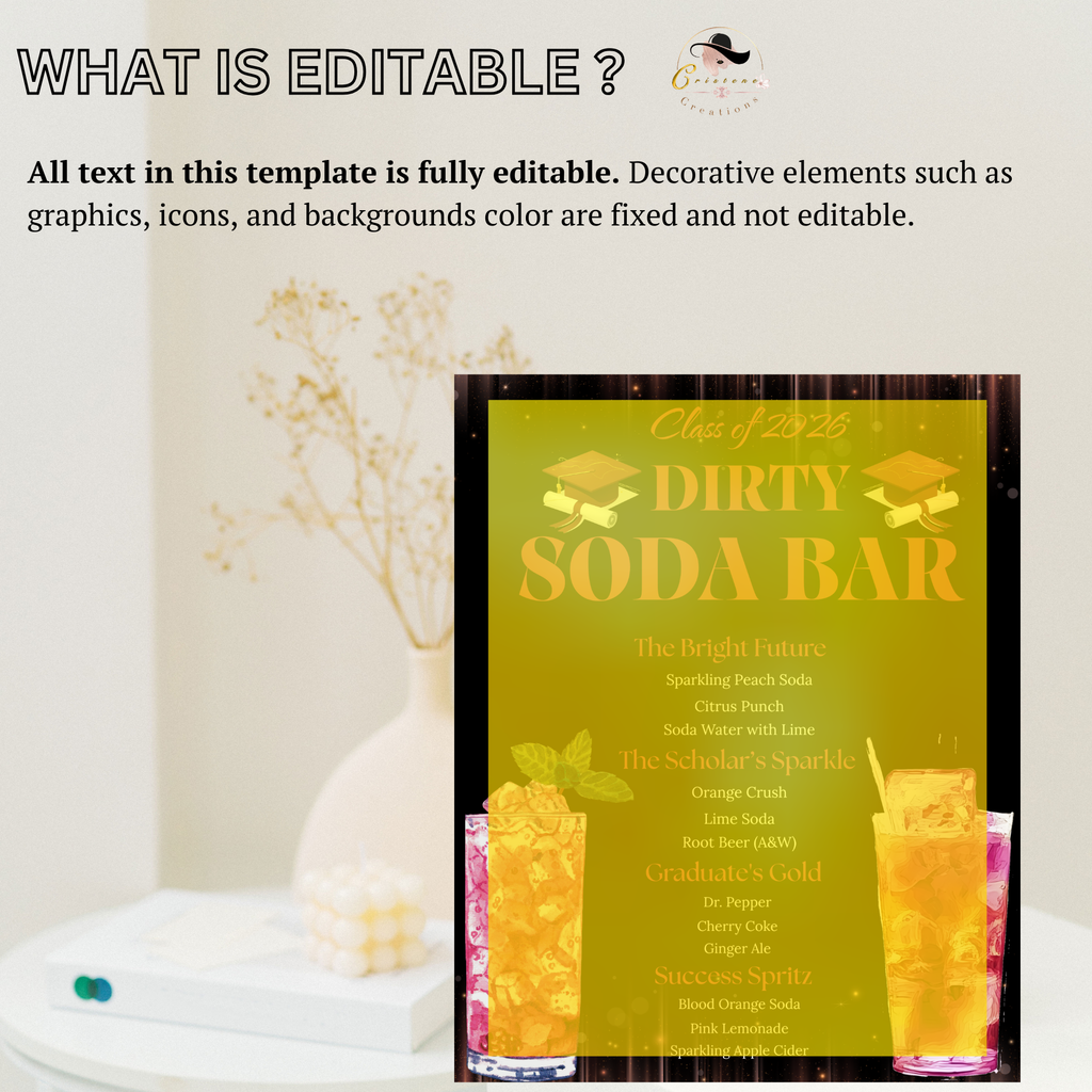 Graduation Soda Bar Menu Template, Editable Drink Station Sign, Class of 2026 Grad Party Drinks, Editable Canva Printable