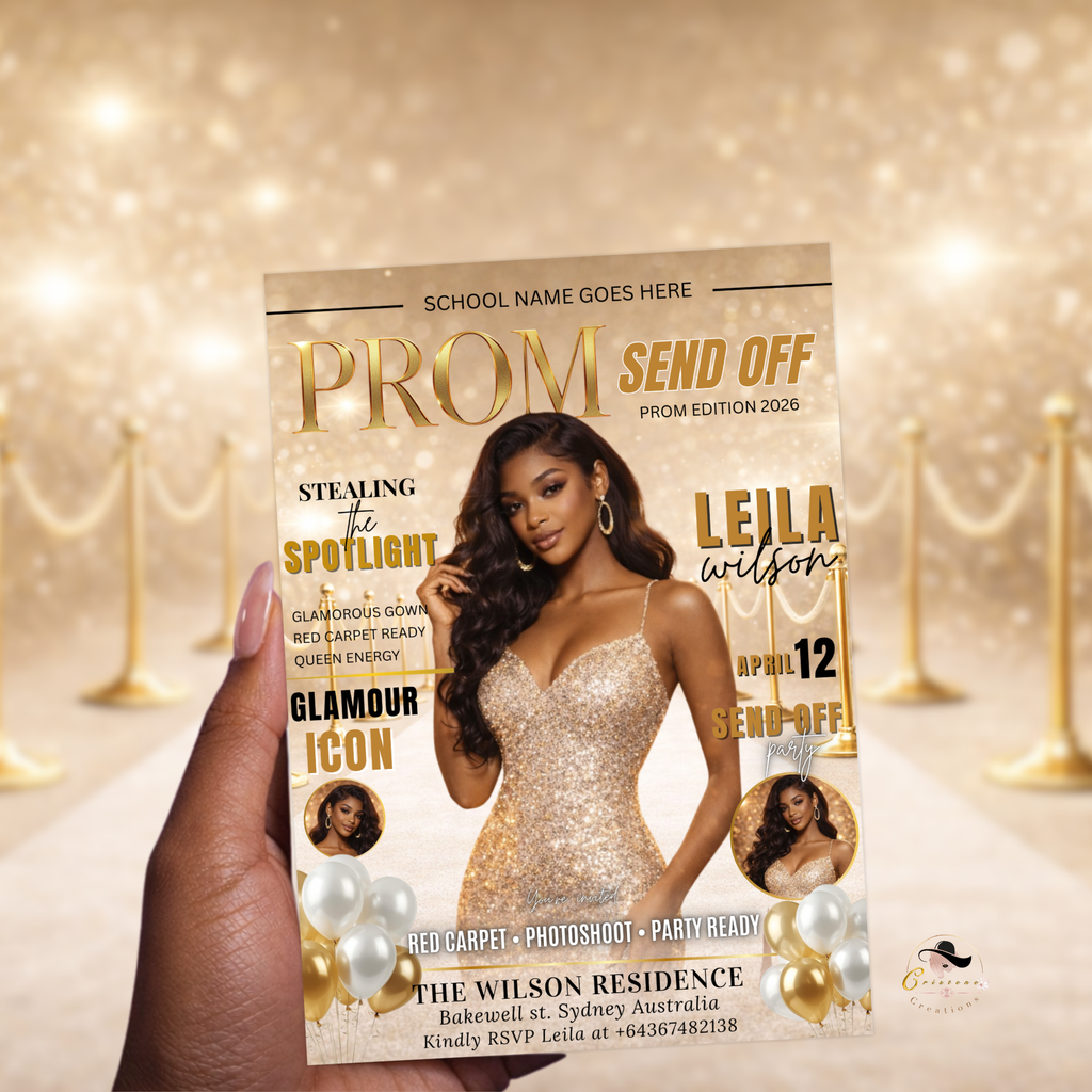 White Gold Prom Send Off Party Invitation, Prom Queen with photo invite, Girls Prom Night Flyer, Magazine Cover, Digital Printable Template