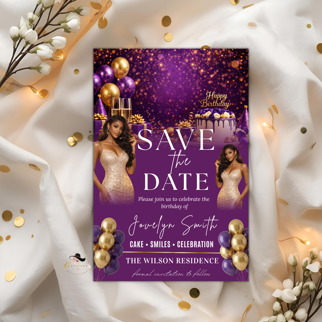 Save the Date Birthday Invitation, Purple Gold Save Date Party with photo Invite, Elegant Dinner Event Card, Printable Digital Template