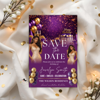 Save the Date Birthday Invitation, Purple Gold Save Date Party with photo Invite, Elegant Dinner Event Card, Printable Digital Template