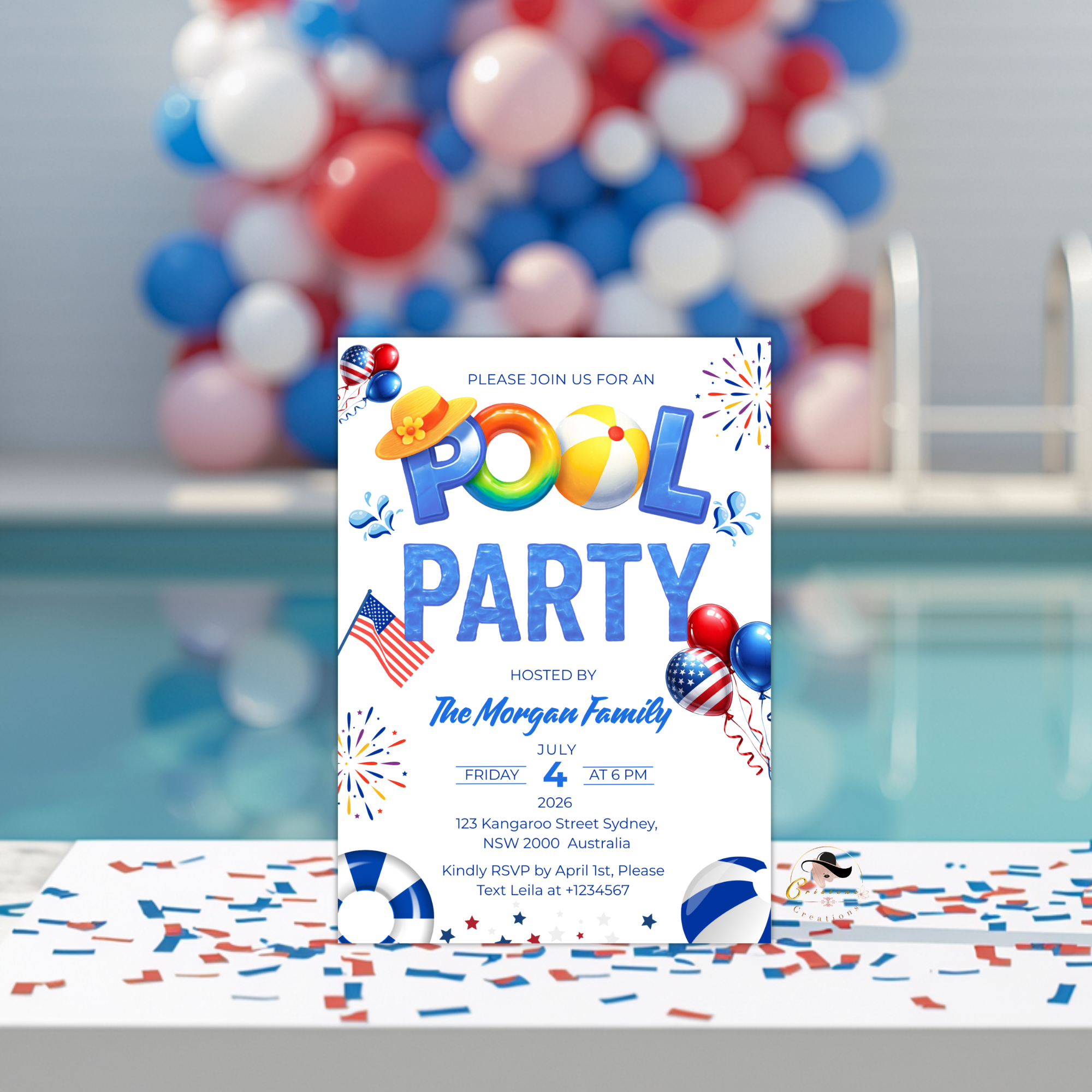 4th of July Pool Party Invitation, Independence Day BBQ Cookout Invite, Summer Pool Party, Fourth of July, Patriotic Editable Canva Template