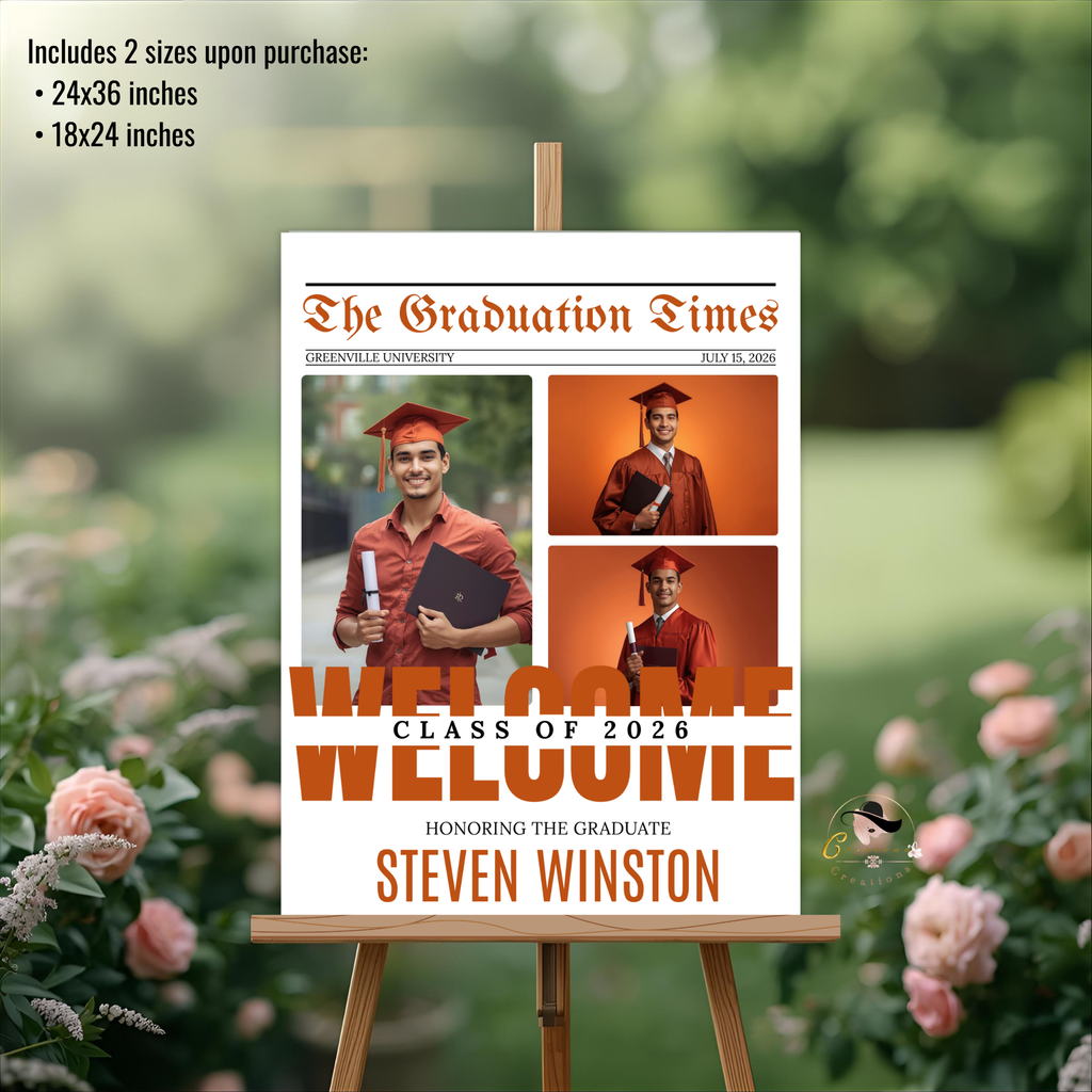 Orange Newspaper Graduation Welcome Party Sign, Boy Senior Grad Announcement Sign with photo, High School Graduates Sign, Printable Template