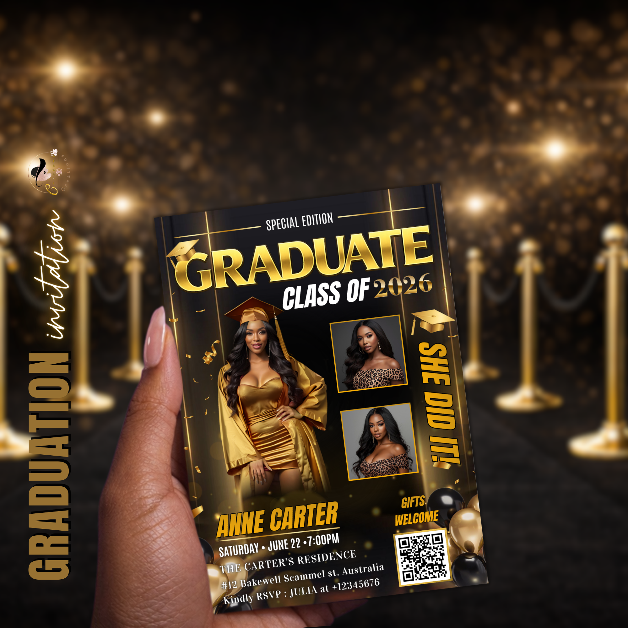 Graduation Announcement 2026 Invitation, Senior Grad Party with photo invite, Woman College High school Graduates, Black gold Flyer Template