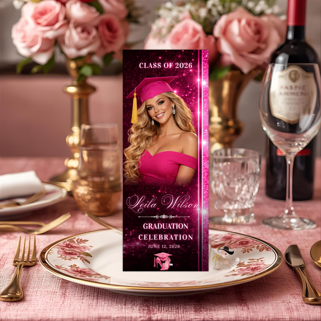Pink Graduation Dinner Menu with Photo, Class of 2026 Menu Card, Elegant Grad Brunch Menu Template, Girl Graduates, Editable Canva Printable