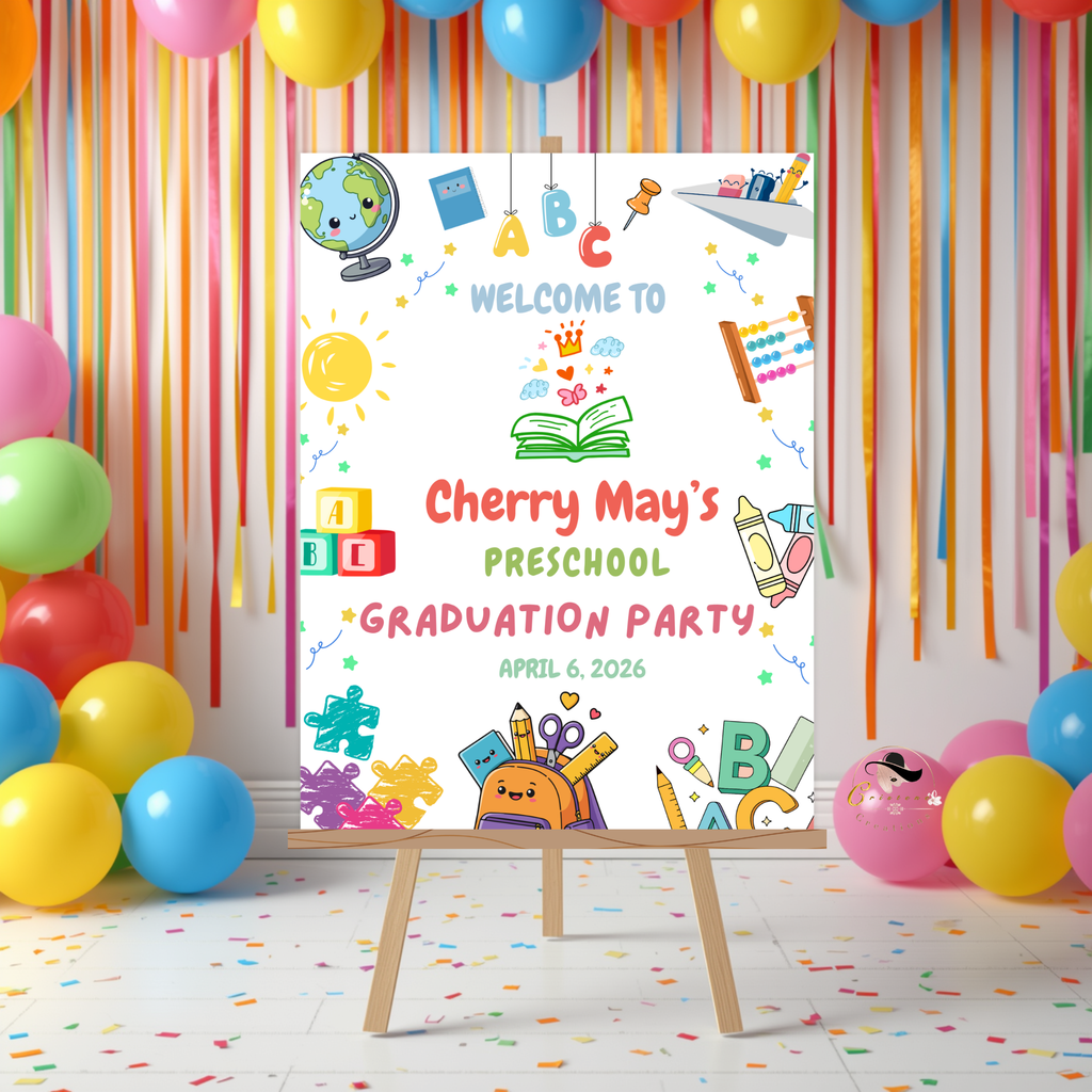 Preschool Graduation Welcome Sign, Pre-K Kindergarten Class of 2026 Party Poster Sign, Colorful Kids Grad, Editable Canva Printable Template