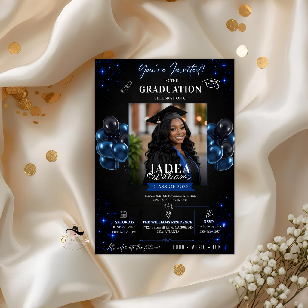 Graduation Invitation with Photo, Class of 2026 Grad Party Invite for Him and Her, High School College, Blue Editable Printable Template