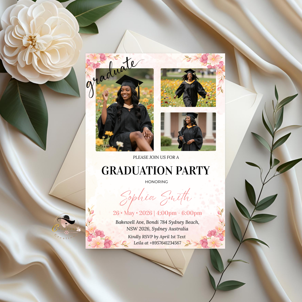 Pink Wildflower Graduation Announcement Invitation, Boho Floral Senior Grad Party with photo invite, Graduation Brunch Printable Template