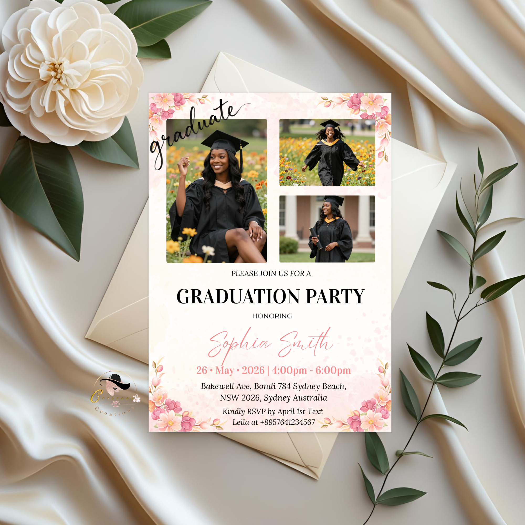 Pink Wildflower Graduation Announcement Invitation, Boho Floral Senior Grad Party with photo invite, Graduation Brunch Printable Template