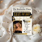 Graduation Save the Date Invitation with Photo, Newspaper Grad Announcement Invite for High School or College, Black Gold Printable Template