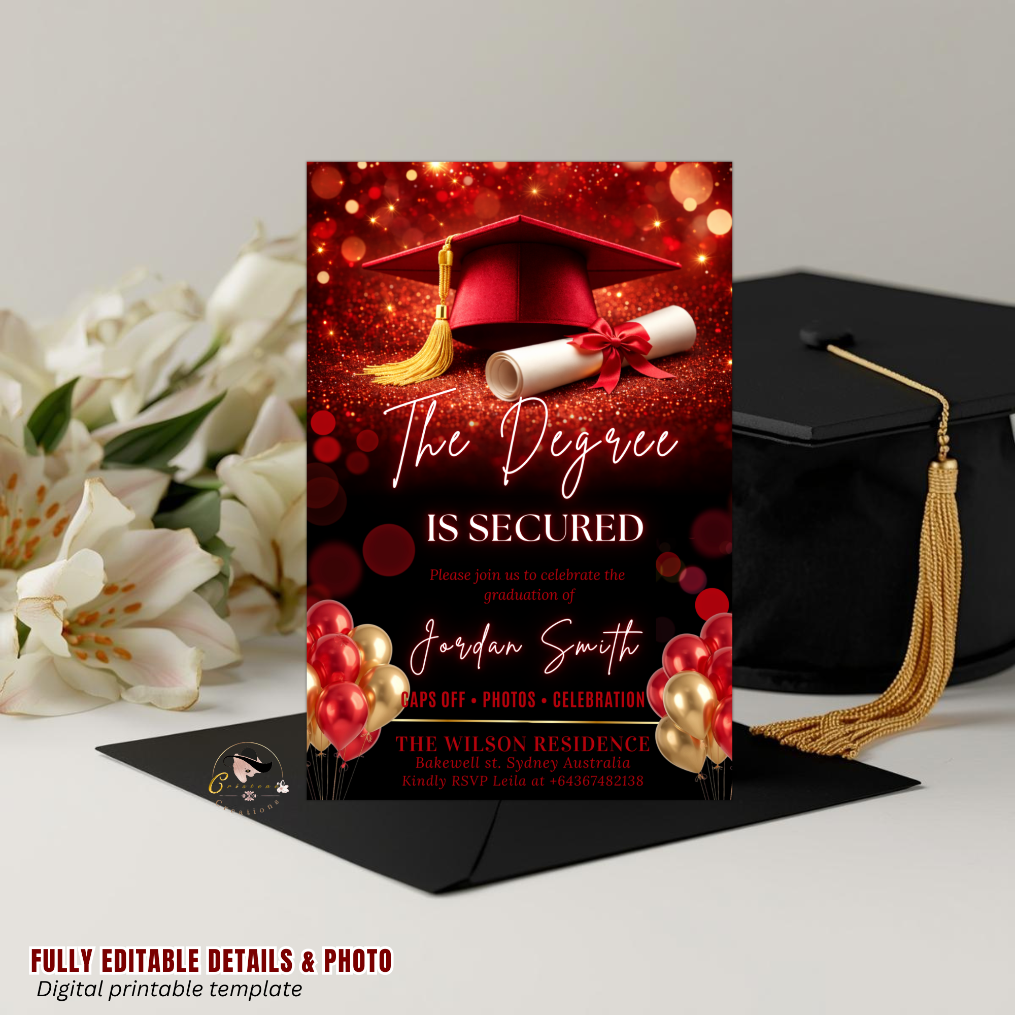 Red Graduation Announcement Invitation, Senior Grad Party invite, High School Class of 2026 Boy Girl Flyer Card, Digital Printable Template
