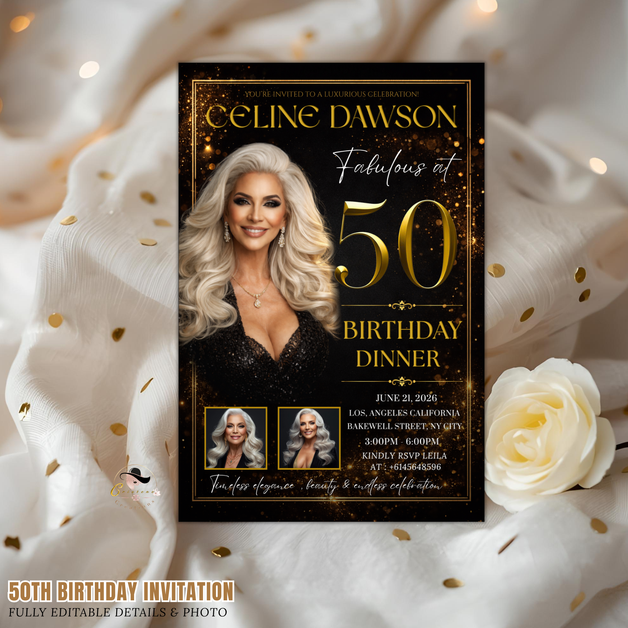 50th Birthday Invitation for Man and Woman, Black and Gold 50 and Fabulous Invite, Dinner Brunch Party Invite, Editable Canva Template