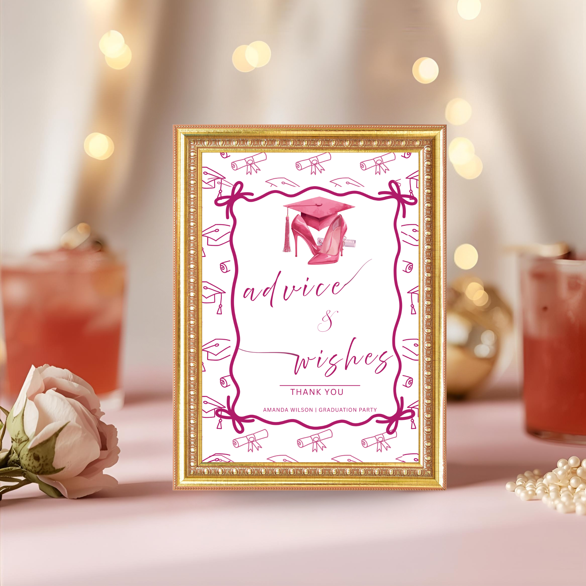 Pink Coquette Graduation Table Signs Bundle, Senior Grad Favor sign, College Fund Sign, Food Sign, Graduates Party Decor Printable Template