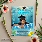 Pool Party Graduation Invitation with Photo, Summer Tropical Senior Grad Party Invite for Him and Her, Printable Editable Digital Template