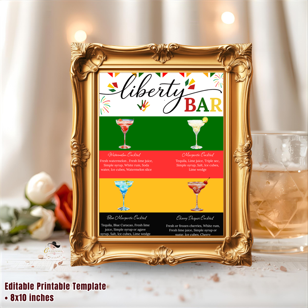 Juneteenth Signature Drinks Bar Menu Sign, Black Freedom Day Printable Table Sign, Jubilee Day Party Cocktails Sign, Canva Template