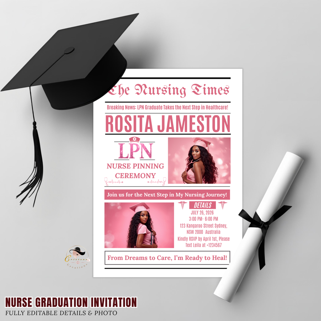 LPN Graduation Invitation Newspaper Style with Photo, Pink Nurse Pinning Ceremony Invite, Nursing Flyer Invite, Editable Canva Template
