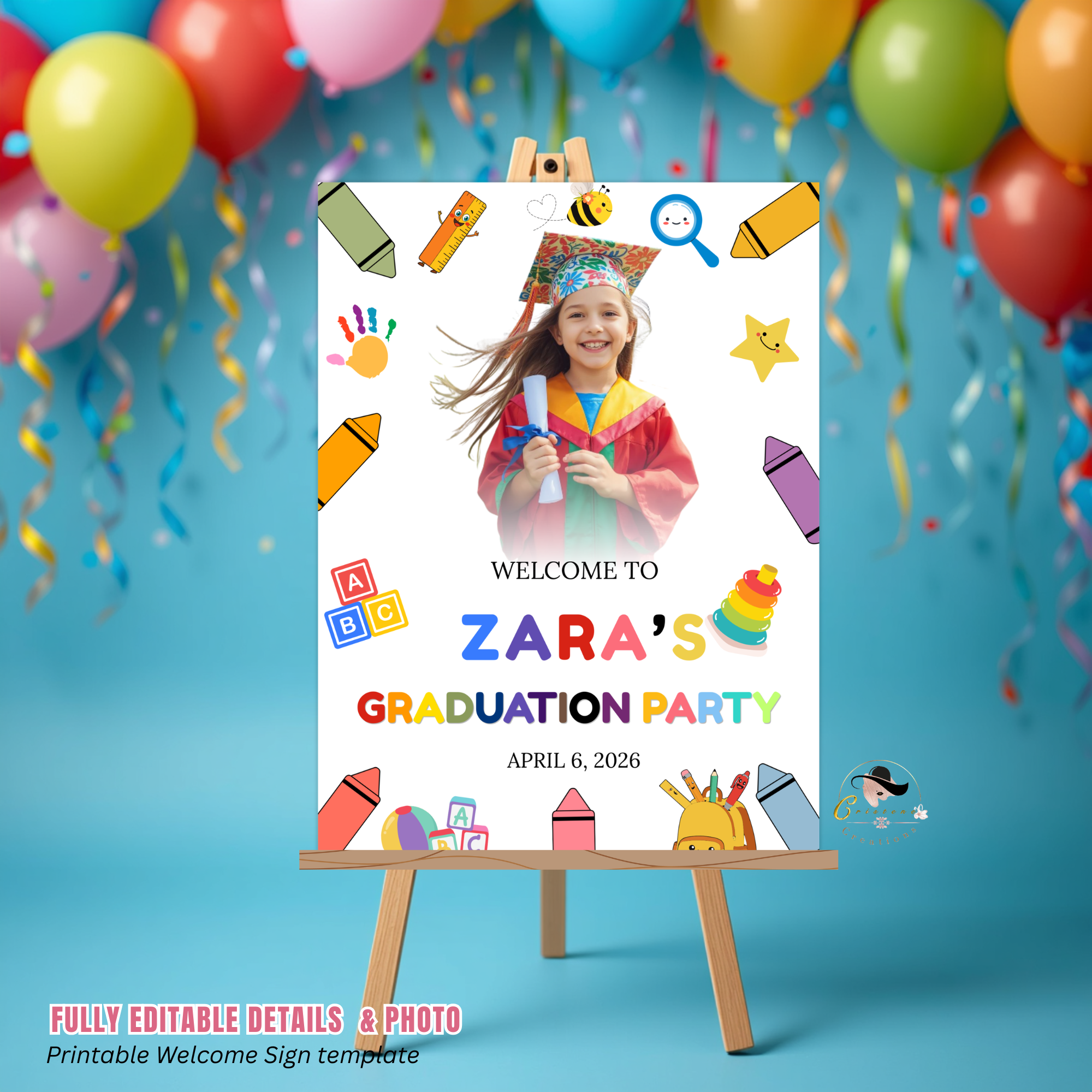 Preschool Graduation Welcome Sign with Photo, Kindergarten Kids Grad Poster Sign, Colorful Party Decor Canva Printable Template