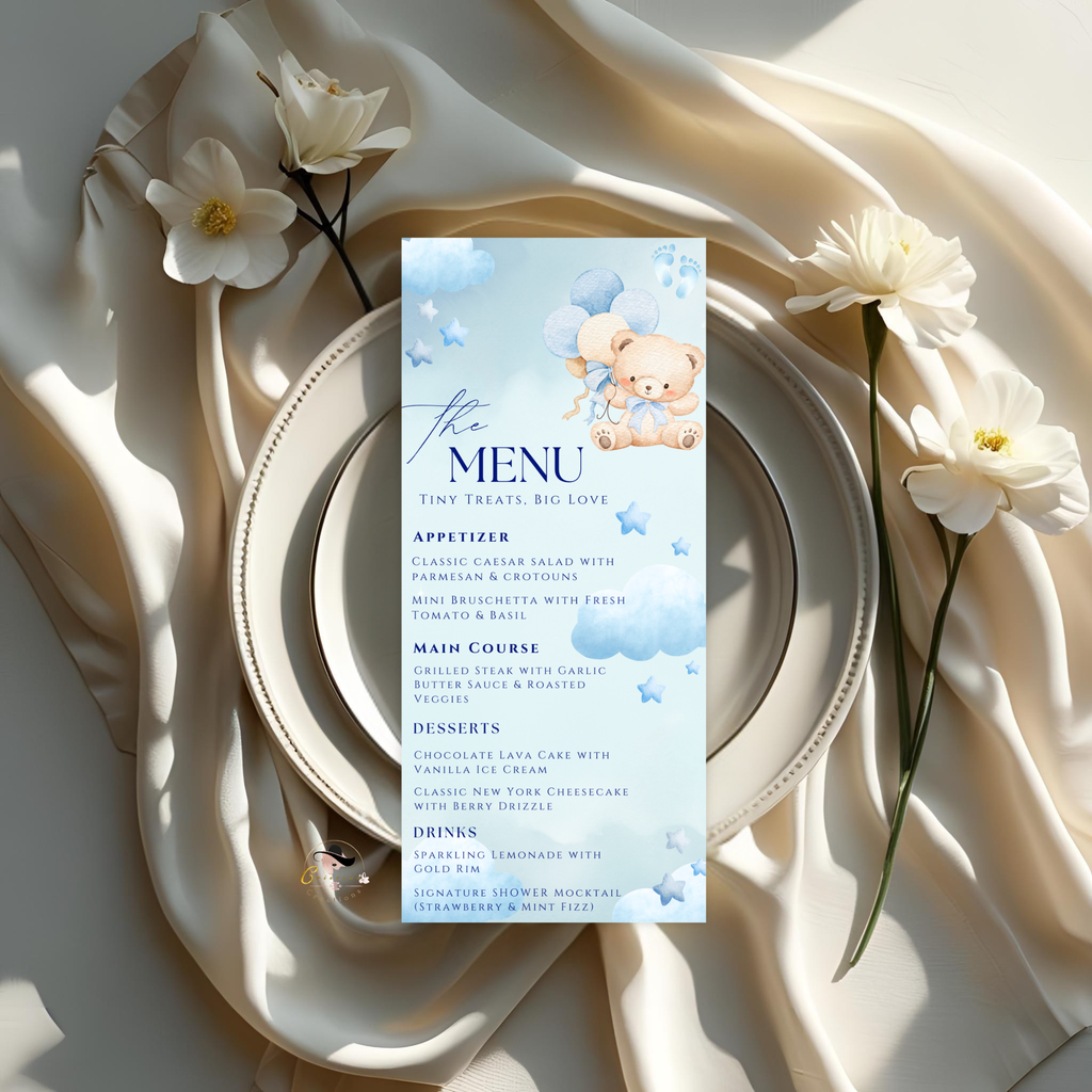 Cloud 9 Baby Shower Menu and Program Template, Blue Baby Shower Teddy Bear Theme Order of Events, Menu Card Editable Digital Printable Canva
