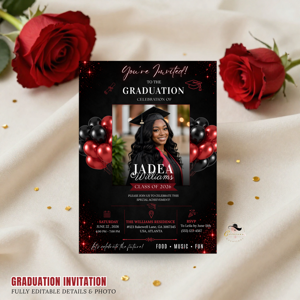Graduation Invitation with Photo, Class of 2026 Grad Party Invite for Him and Her, High School College Red Editable Canva Printable Template