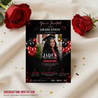 Graduation Invitation with Photo, Class of 2026 Grad Party Invite for Him and Her, High School College Red Editable Canva Printable Template