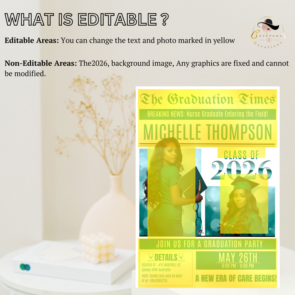 Newspaper Nurse Graduation Announcement Invitation, RN Pinning Ceremony with photo invite, LPN Nursing Graduates, BSN Green Flyer Template