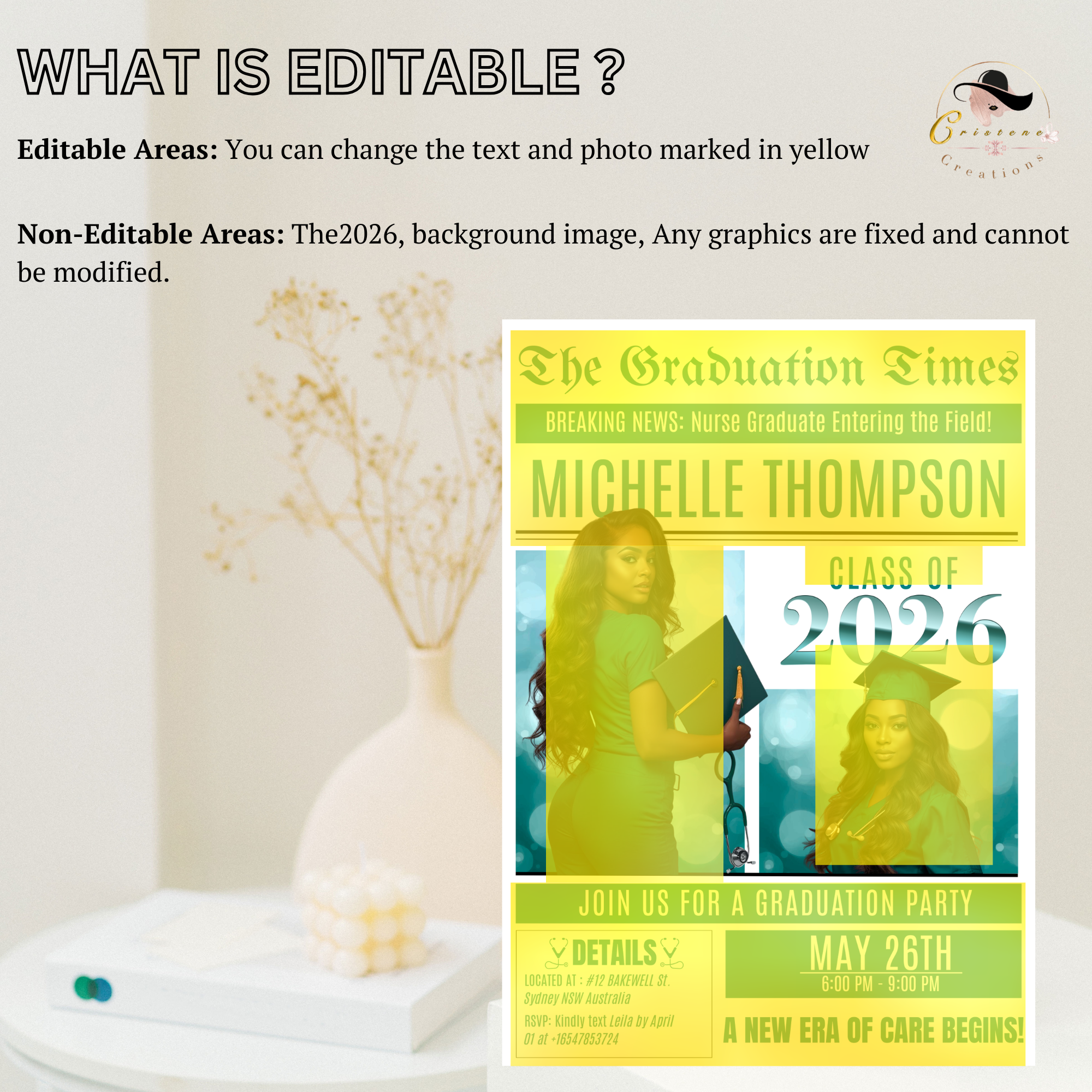 Newspaper Nurse Graduation Announcement Invitation, RN Pinning Ceremony with photo invite, LPN Nursing Graduates, BSN Green Flyer Template