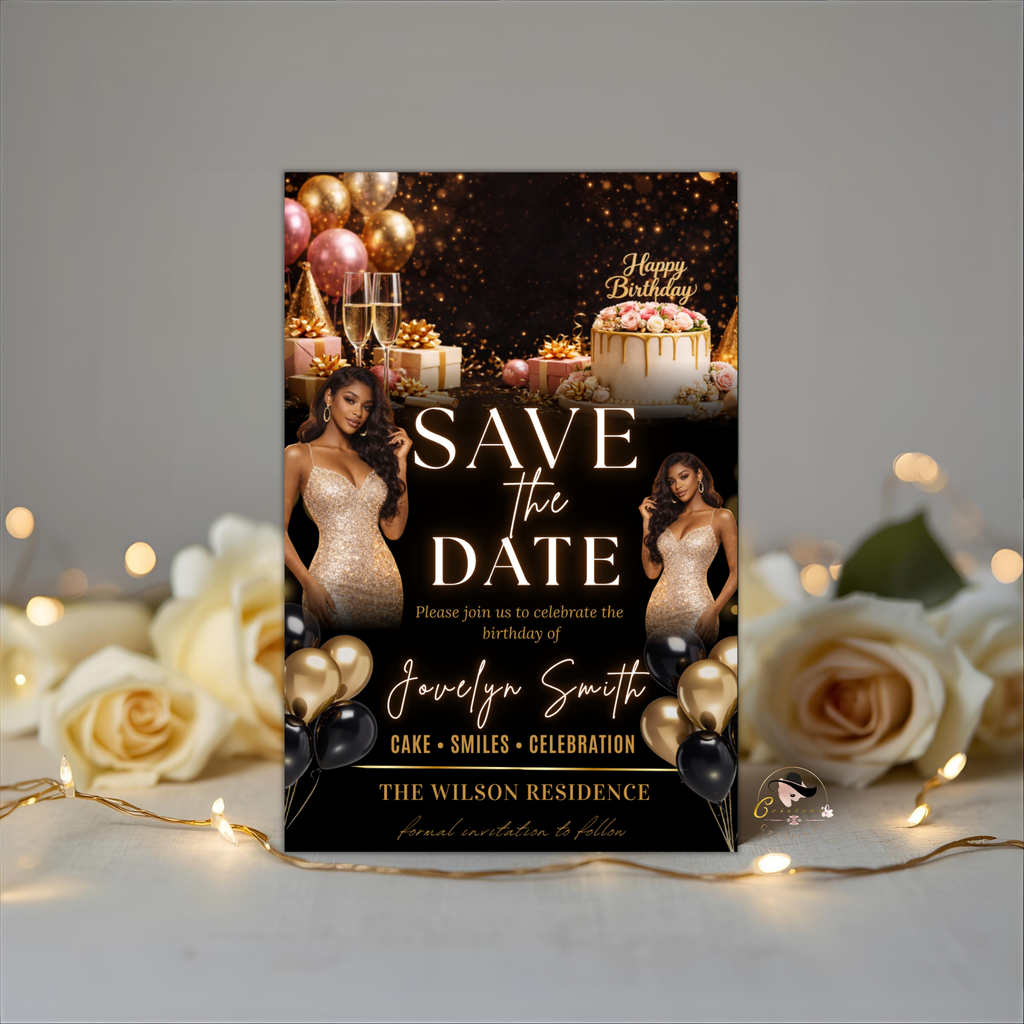 Black Gold Save the Date Invitation, Birthday Party Save Date with Photo, Elegant Dinner Event Invite, Printable Canva Digital Template