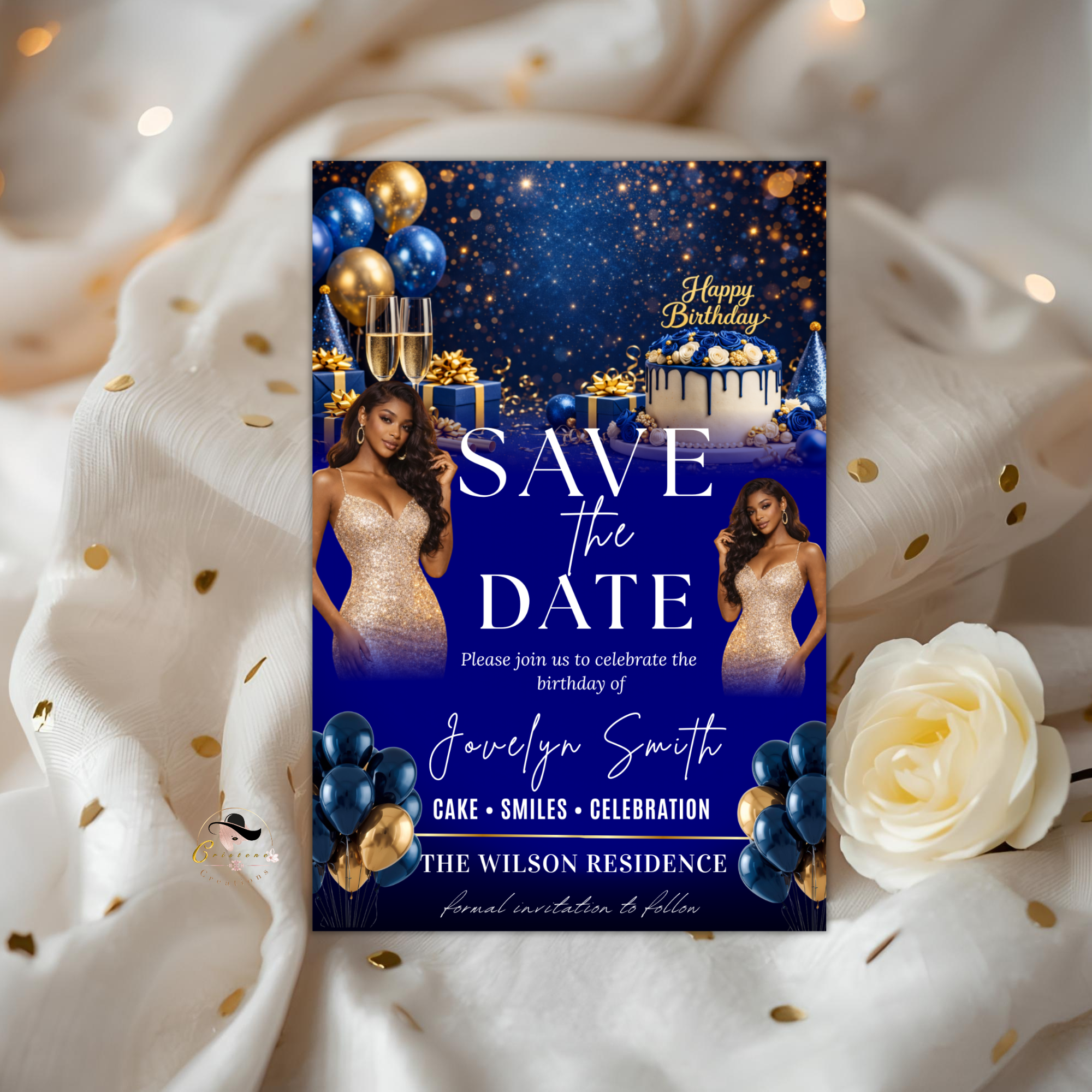 Save the Date Birthday Invitation, Blue Gold Save Date Party with photo Invite, Elegant Dinner Event Card, Printable Digital Template